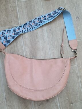 Leather Crescent Shoulder Bag with Patterned Strap